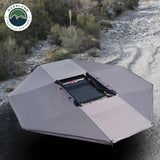 OVS HD Nomadic 180 Awning Connector Kit — Feature shot: joined awnings over a rig, overhead view