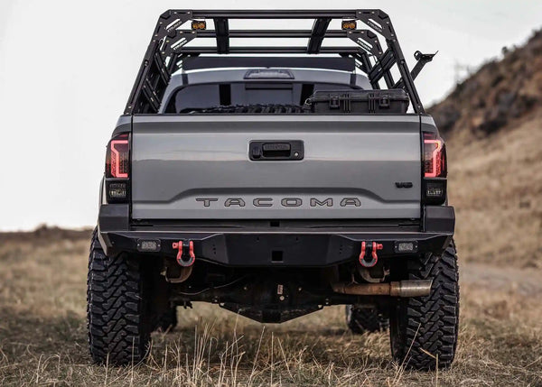 Backwoods Adventure Mods Hi-Lite Rear Bumper (2016–2023 Tacoma) — Feature shot: high-clearance steel rear bumper in black powder coat