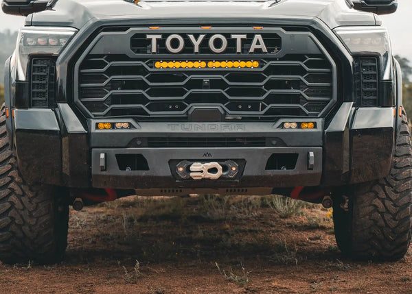 Backwoods Adventure Mods Lo-Pro Front Bumper (2022–2027 Tundra) — Feature shot: bumper installed on a 3rd gen Tundra front end