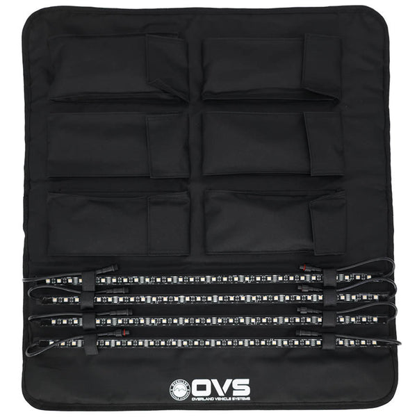 OVS 4 Piece LED Light Kit — Feature shot: roll-up storage panel holding the four LED light bars