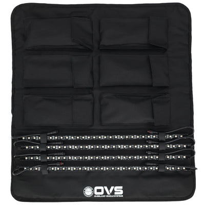 OVS 4 Piece LED Light Kit — Feature shot: roll-up storage panel holding the four LED light bars