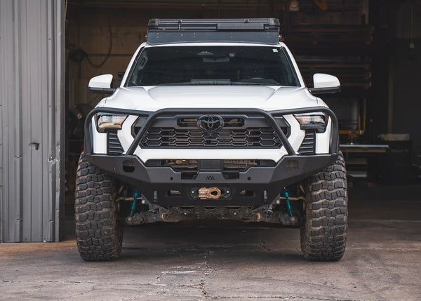 Backwoods Adventure Mods Hi-Lite Bull Bar (2024–2027 Tacoma) — Feature shot: bull bar bumper installed on a 4th gen Tacoma