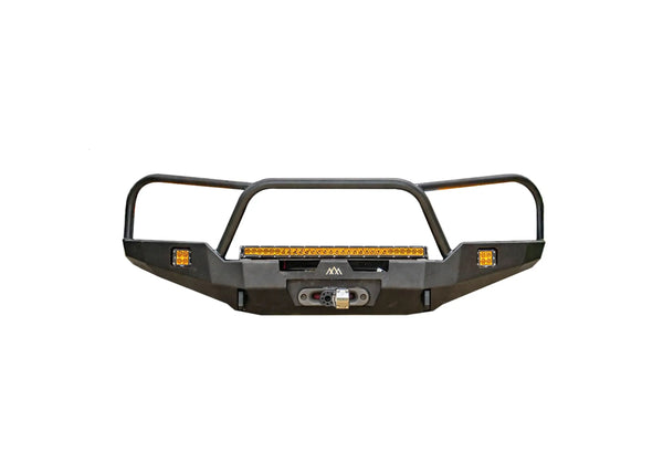 Backwoods Adventure Mods Hi-Lite Bull Bar (2010–2024 4Runner) — Feature shot: full bumper with triple-hoop bull bar and black powder coat