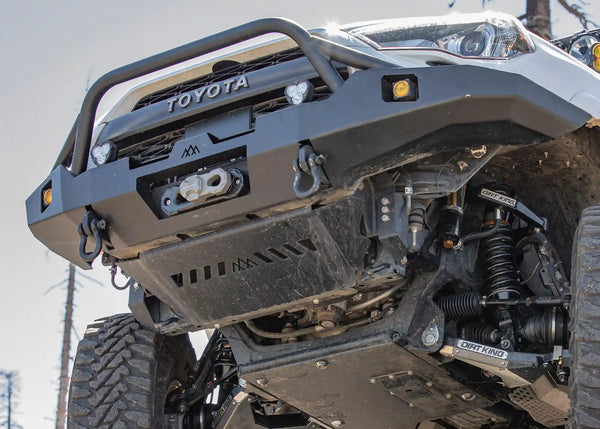 Backwoods Adventure Mods Connector Skid Plate (2010–2024 4Runner) — Lifestyle shot: connector skid installed under a Hi-Lite bumper on a 4Runner