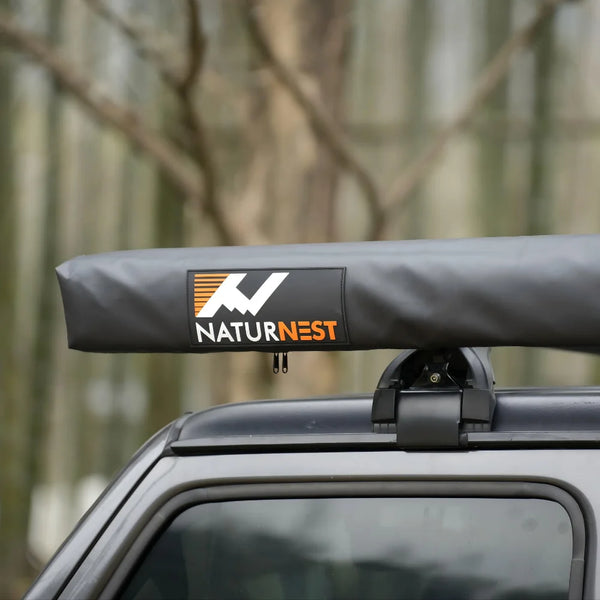 NaturNest 90 Degree Straight Pull Awning — Feature shot: frame and hinge hardware detail