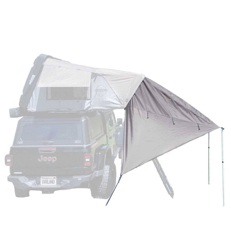 OVS HD Bushveld 4 Tent Awning — Feature shot: zipped to a Bushveld rooftop tent on a vehicle
