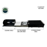 OVS Camp Cargo Box Kitchen with Slide-Out Sink & Work Station — Feature shot: slide-out sections: cooking shelf, cutting board and sink, fridge base
