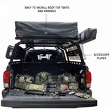 OVS Discovery Bed Rack – Mid-Size Truck Short Bed — Lifestyle shot: rooftop tent and awning on the rack with gear in the bed; rooftop tent, awning and recovery gear carried above the bed for multi-day trips.