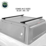 OVS Expedition Truck Cap Crossbars – 72 in — Lifestyle shot: installed length options; gear carried on the cap roof for weekend trips.