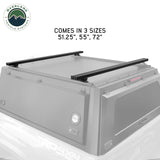 OVS Expedition Truck Cap Crossbars – 51.25 in — Lifestyle shot: installed length options; gear carried on the cap roof for weekend trips.