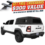OVS Expedition PRO+ (2019–2027 RAM 1500) — Feature shot: three-quarter view with optional OVS crossbars