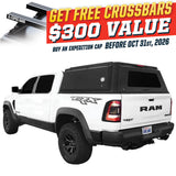 OVS Expedition PRO (2019–2027 RAM 1500) — Feature shot: three-quarter view with optional OVS crossbars