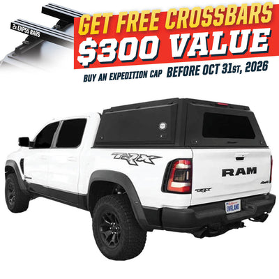 OVS Expedition PRO (2019–2027 RAM 1500) — Feature shot: three-quarter view with optional OVS crossbars