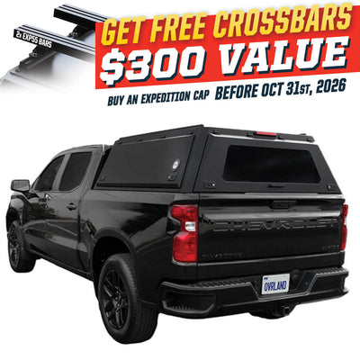 OVS Expedition PRO (2019–2027 Silverado/Sierra 1500) — Feature shot: three-quarter view with optional OVS crossbars