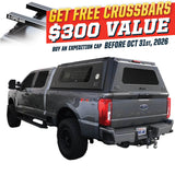 OVS Expedition PRO+ (2023–2027 F-250 / F-350) — Feature shot: three-quarter view with optional OVS crossbars
