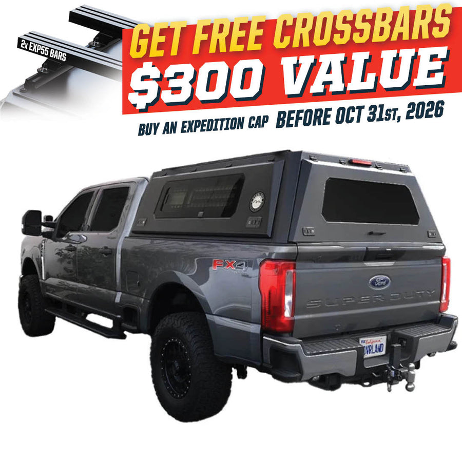 OVS Expedition PRO+ (2023–2027 F-250 / F-350) — Feature shot: three-quarter view with optional OVS crossbars