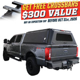 OVS Expedition PRO (2023–2027 F-250 / F-350) — Feature shot: three-quarter view with optional OVS crossbars