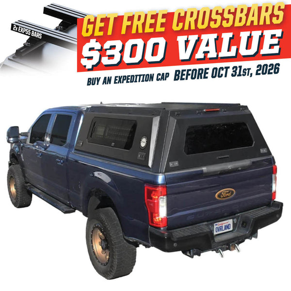 OVS Expedition PRO+ (2017–2022 F-250 / F-350) — Feature shot: three-quarter view with optional OVS crossbars