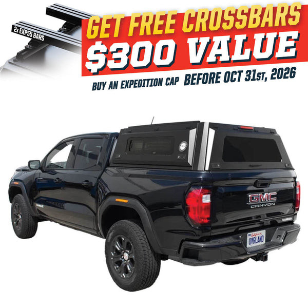 OVS Expedition PRO+ (2023–2027 Colorado / Canyon) — Feature shot: three-quarter view with optional OVS crossbars