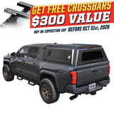 OVS Expedition PRO+ (2024–2027 Tacoma) — Feature shot: three-quarter view with optional OVS crossbars