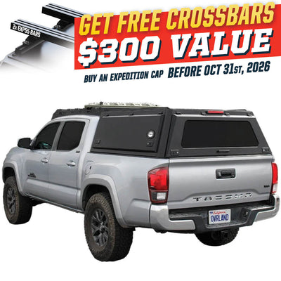 OVS Expedition PRO (2016–2023 Tacoma) — Feature shot: three-quarter view with optional OVS crossbars
