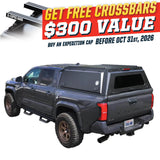 OVS Expedition PRO (2024–2027 Tacoma) — Feature shot: three-quarter view with optional OVS crossbars