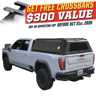 OVS Expedition PRO (2020–2027 Silverado/Sierra 2500 / 3500) — Feature shot: three-quarter view with optional OVS crossbars