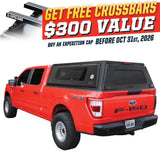 OVS Expedition PRO+ (2021–2027 F-150) — Feature shot: three-quarter view with optional OVS crossbars