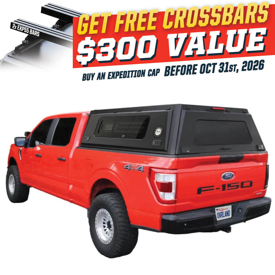 OVS Expedition PRO+ (2021–2027 F-150) — Feature shot: three-quarter view with optional OVS crossbars