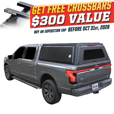 OVS Expedition PRO (2021–2027 F-150) — Feature shot: three-quarter view with optional OVS crossbars