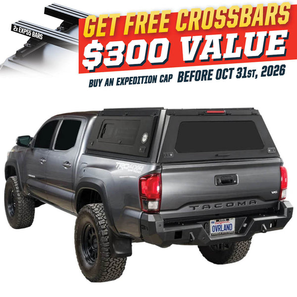 OVS Expedition PRO+ (2016–2023 Tacoma) — Feature shot: three-quarter view with optional OVS crossbars