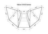 Roofnest Falcon 3 EVO Air Awnex — Feature shot: dimensions diagram showing the 8 ft wide, 90 in deep annex footprint