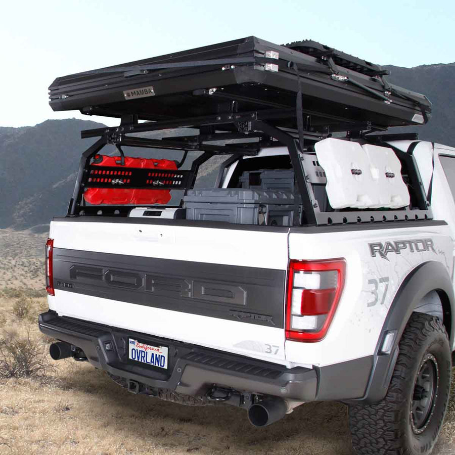 OVS Discovery Bed Rack – Full-Size Truck Short Bed — Lifestyle shot: installed and in use; rooftop tent, awning and recovery gear carried above the bed for multi-day trips.