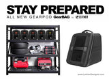 GearBAG G2 3-Pack — Feature shot: "Stay Prepared" graphic showing a garage shelf of labeled GearBAGs alongside tools, tires and a generator.