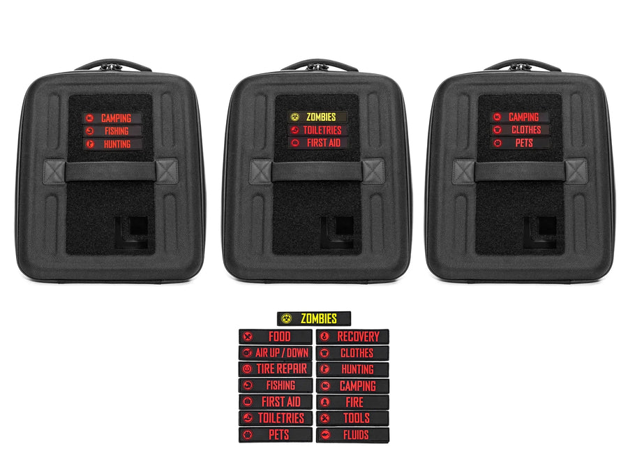 GearBAG G2 3-Pack — Feature shot: three GearBAG G2 cases with PVC ID patches attached, shown beside the full patch kit sheet.