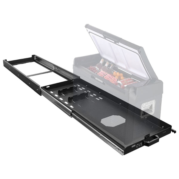 OVS Heavy-Duty Fridge Slide — Lifestyle shot: installed and in use; a fridge within easy reach at the tailgate.