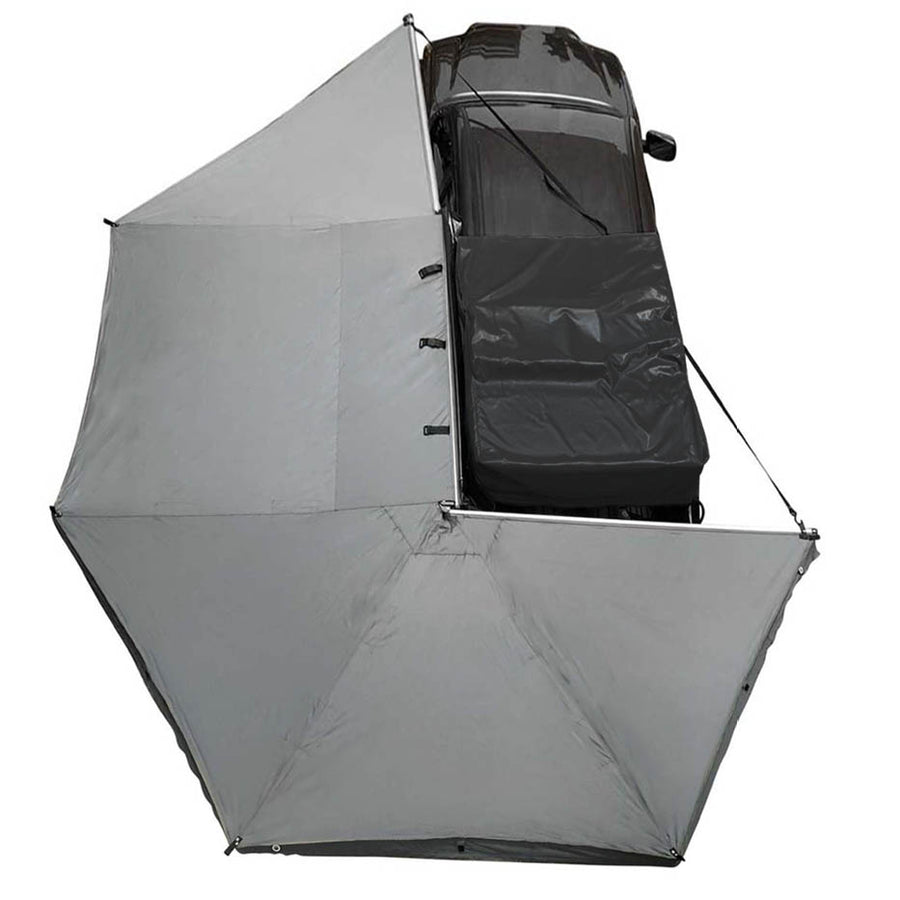 OVS HD Nomadic 270 Awning — Feature shot: overhead view of the fully opened awning with its travel cover