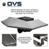 OVS HD Nomadic 270 Awning — Feature shot: opened freestanding with no poles, held by reinforced oversized hinges
