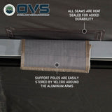 OVS HD Nomadic 270 Awning — Feature shot: heat-sealed seams and support poles stowed along the rafters