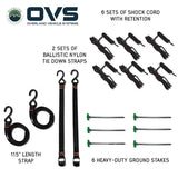 OVS HD Nomadic 270 Awning with Mid/High Roof Van Bracket Kit — Feature shot: included shock cords, ballistic nylon tie-down straps and ground stakes