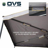 OVS HD Nomadic 270 LTE Awning — Feature shot: heat-sealed seams and support poles stowed along the rafters