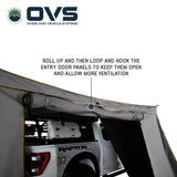 OVS HD Nomadic 270 LTE Awning Walls — Feature shot: door rolls up and hooks open for ventilation