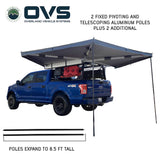 OVS HD Nomadic 270 LT Awning — Feature shot: deployed on a pickup with the telescoping support poles