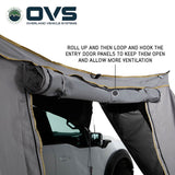 OVS HD Nomadic 270 Awning Walls — Feature shot: door rolls up and hooks open for ventilation