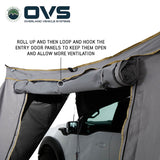 OVS HD Nomadic 270 Awning 3-Piece Wall Kit — Feature shot: door rolls up and hooks open for ventilation