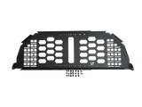 HeadBANGER — Feature shot: studio view of the aluminum guard panel with honeycomb vents, MOLLE slots, and included mounting hardware.