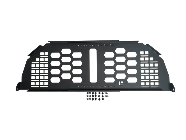 HeadBANGER — Feature shot: studio view of the aluminum guard panel with honeycomb vents, MOLLE slots, and included mounting hardware.