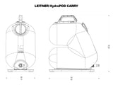 HydroPOD CARRY Portable Shower Kit — Feature shot: dimensioned line-drawing diagram showing tank height, width, and depth from front and side views.