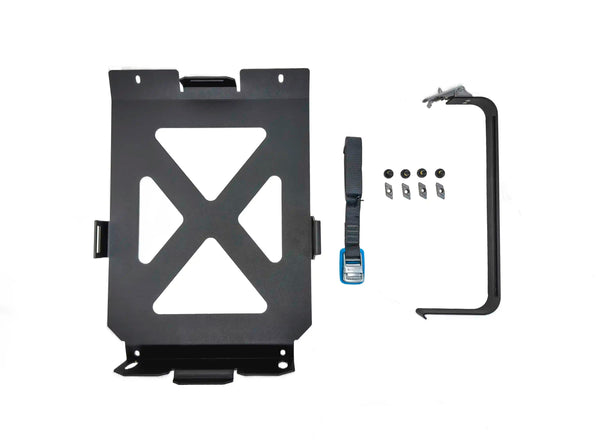 ACS FORGED 20L Jerry Can Holder — Feature shot: complete kit laid out — mounting bracket, tie-down strap, and lockable latch arm with hardware.