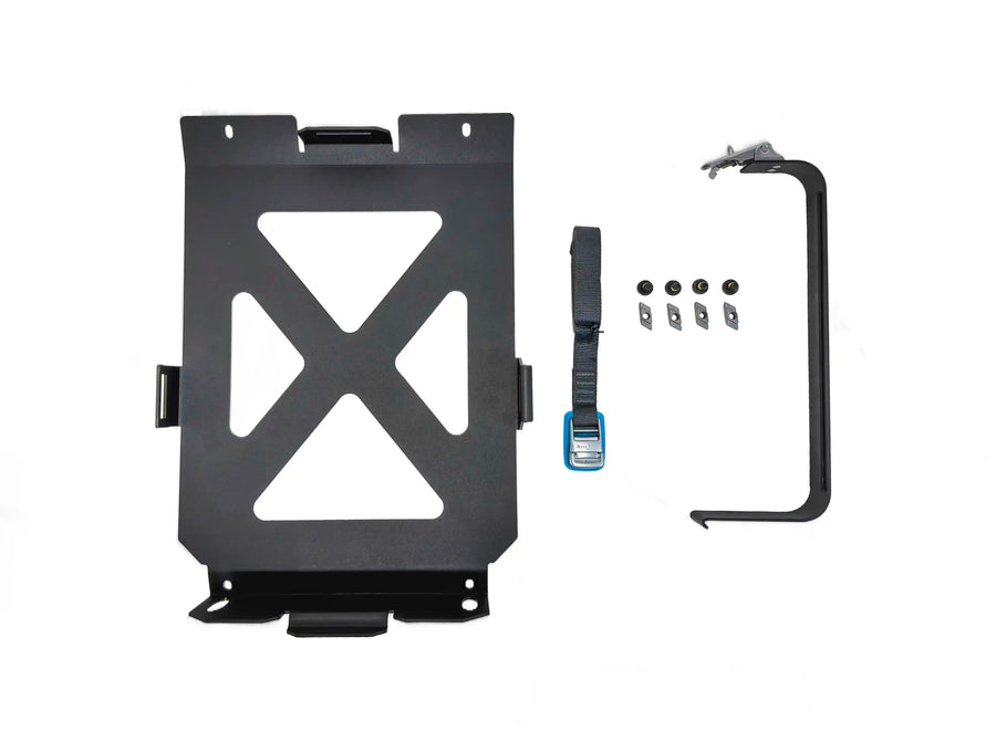 ACS FORGED 20L Jerry Can Holder — Feature shot: complete kit laid out — mounting bracket, tie-down strap, and lockable latch arm with hardware.